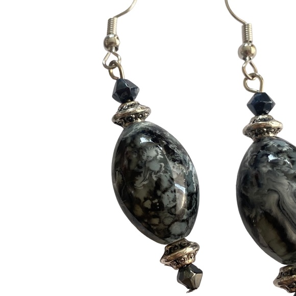 Gray and Black Stone Beaded and Silver Drop Earrings - Picture 2 of 4